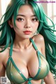 A woman with long green hair wearing a green bikini.