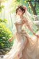 A woman in a wedding dress standing in the woods.