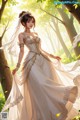 A woman in a wedding dress standing in the woods.